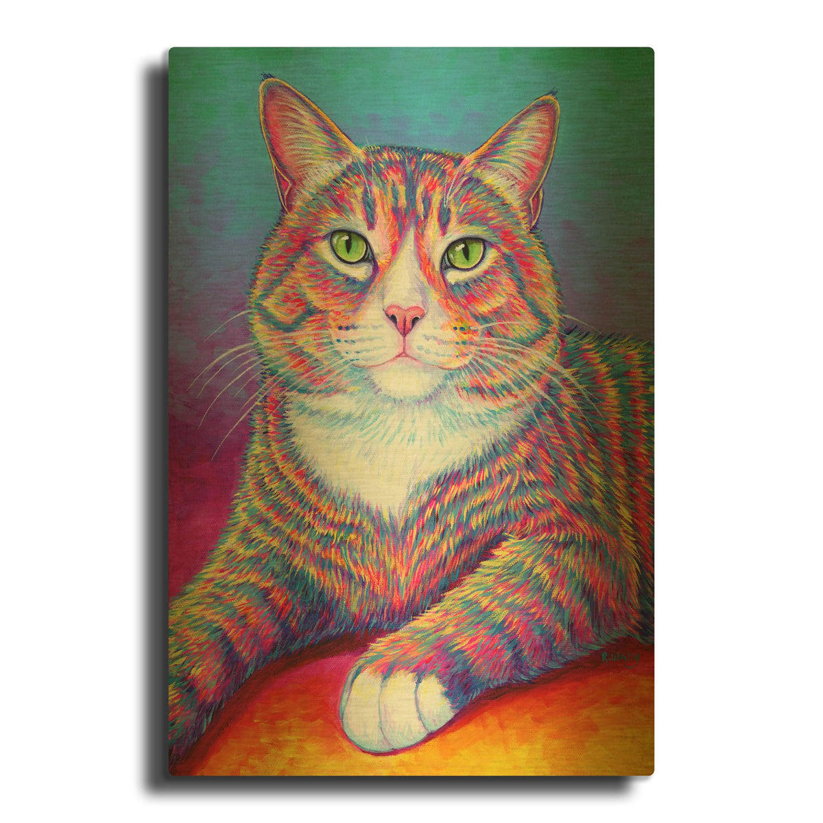 'Rainbow Brown and White Tabby Cat' By Rebecca Wang Art Gold Metal Wall Art