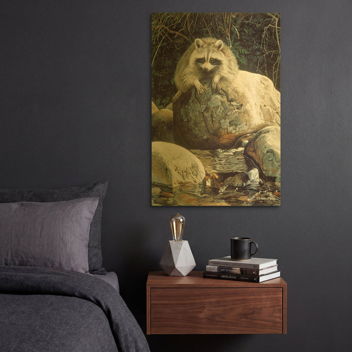 'Low Water-Raccoon' By Ron Parker Gold Metal Wall Art