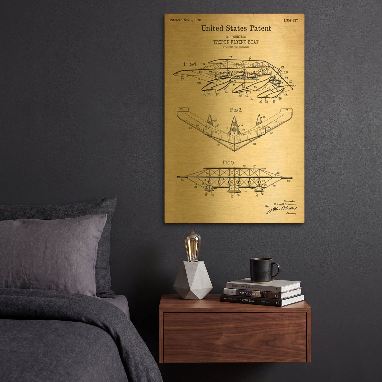 'Tripod Flying Boat Blueprint Patent Parchment' By LUXE Gold Metal Wall Art