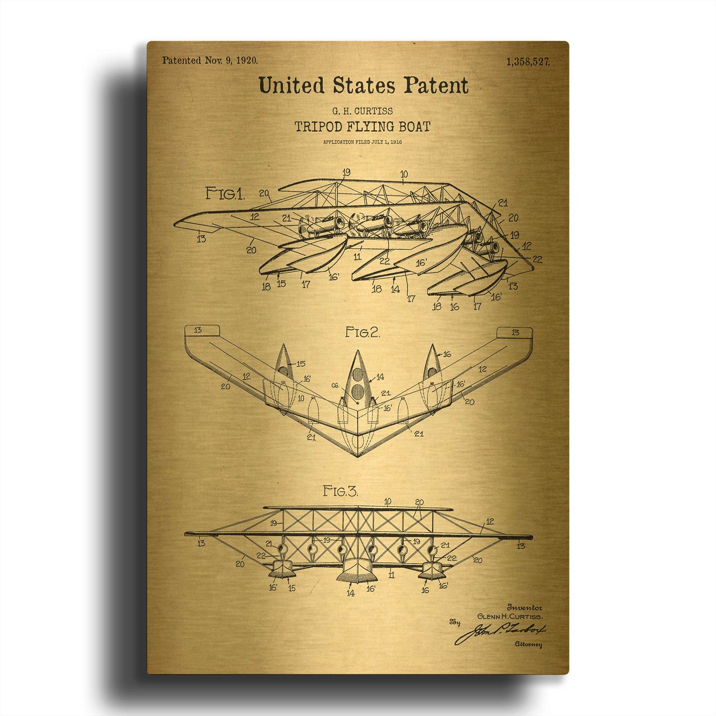 'Tripod Flying Boat Blueprint Patent Parchment' By LUXE Gold Metal Wall Art