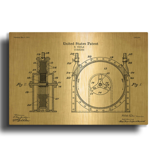 'Tesla Turbine Blueprint Patent Parchment' By LUXE Gold Metal Wall Art