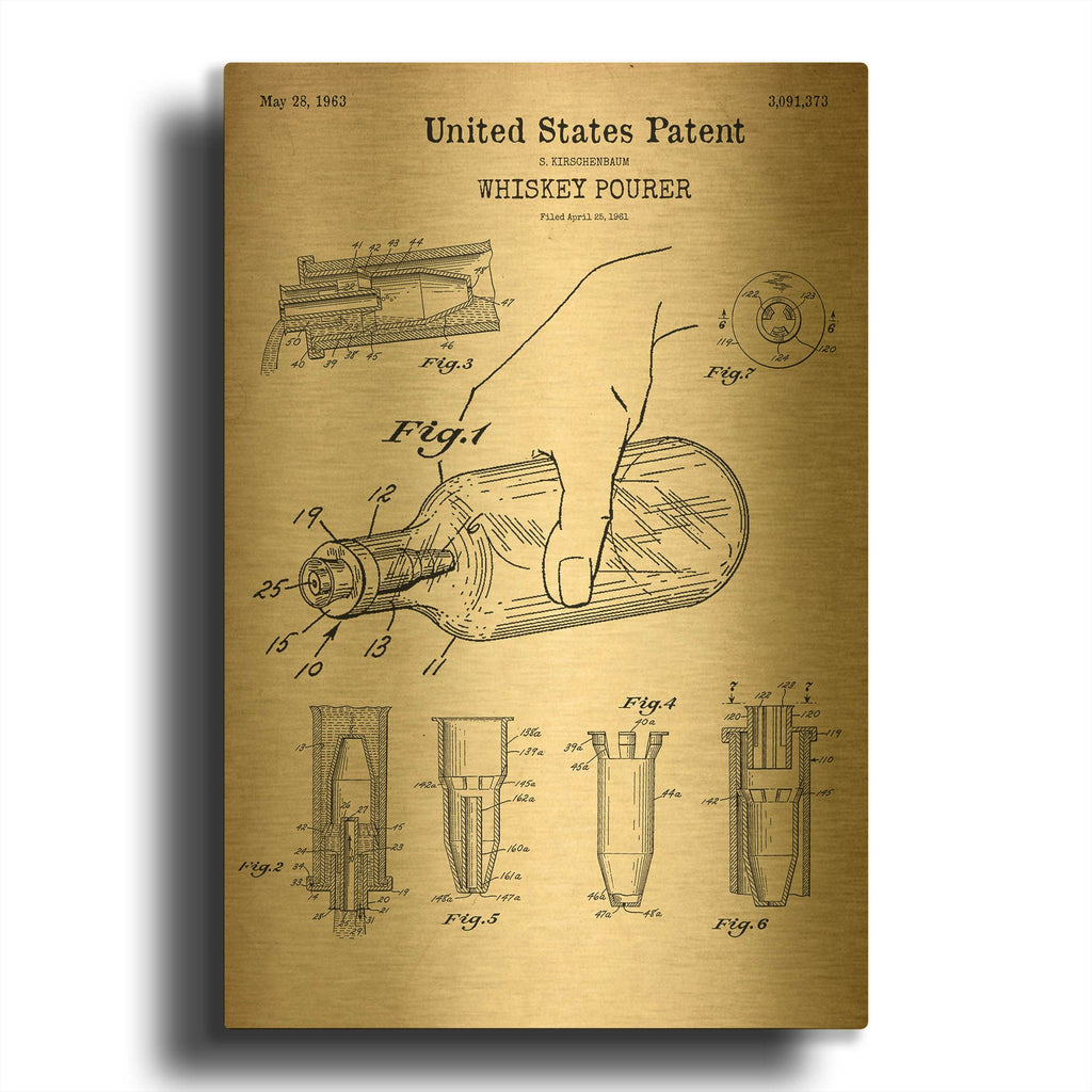 'Whiskey Pourer Blueprint Patent Parchment' By LUXE Gold Metal Wall Art