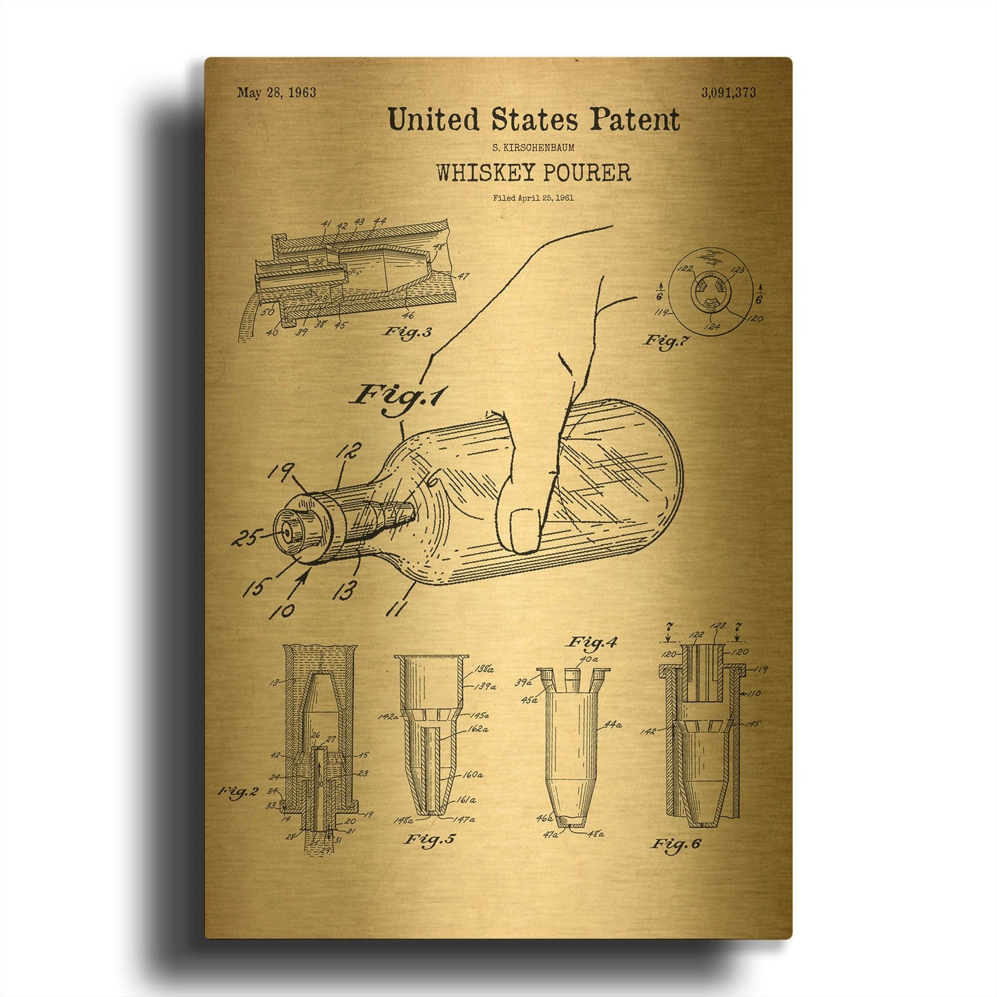 'Whiskey Pourer Blueprint Patent Parchment' By LUXE Gold Metal Wall Art