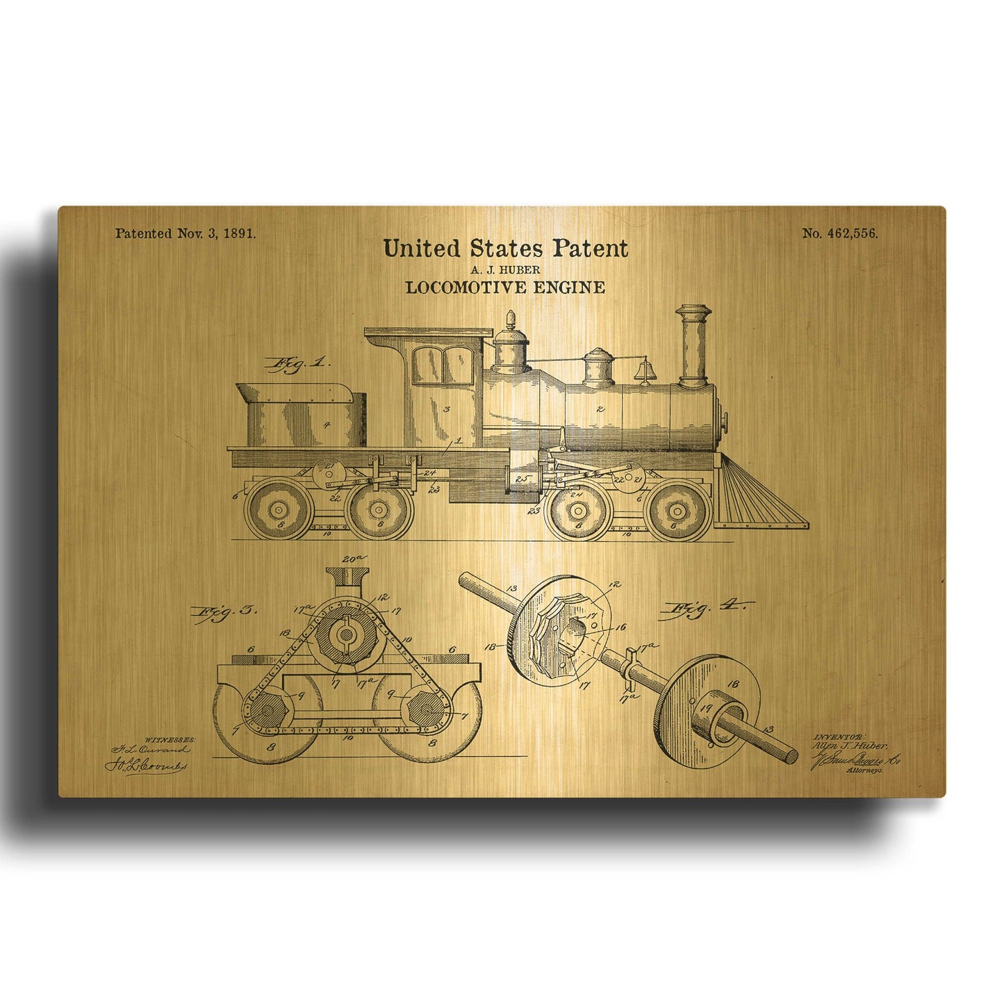 'Locomotive Engine Blueprint Patent Parchment' By LUXE Gold Metal Wall Art