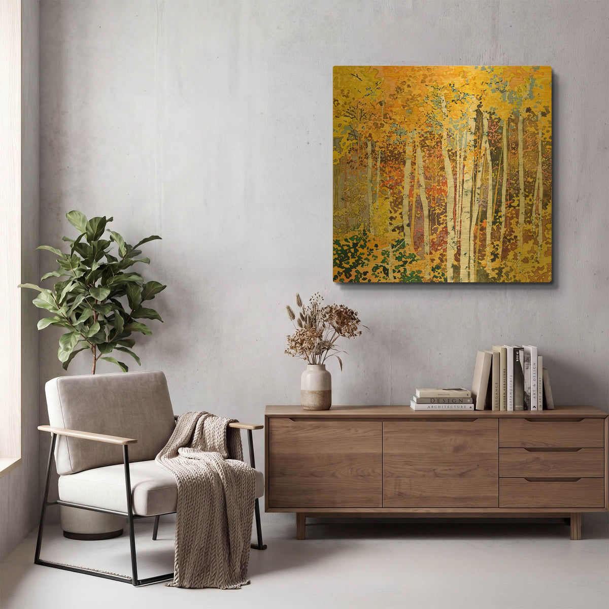 'Autumn Birches III' By Sharon Pitts Gold Metal Wall Art