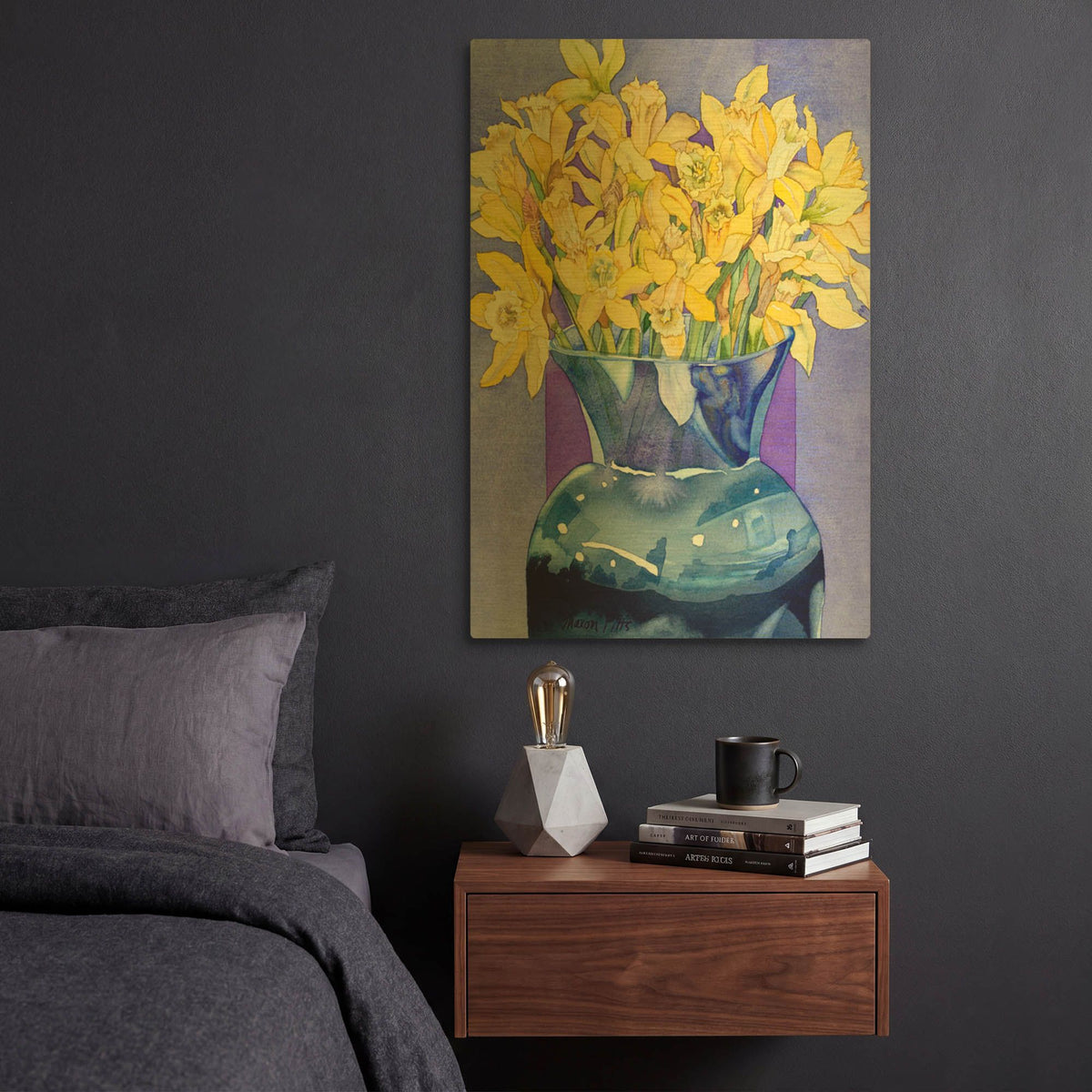 'Daffodils In Cobalt' By Sharon Pitts Gold Metal Wall Art