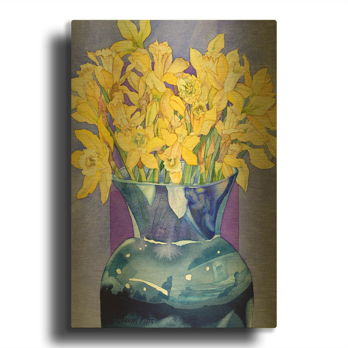 'Daffodils In Cobalt' By Sharon Pitts Gold Metal Wall Art