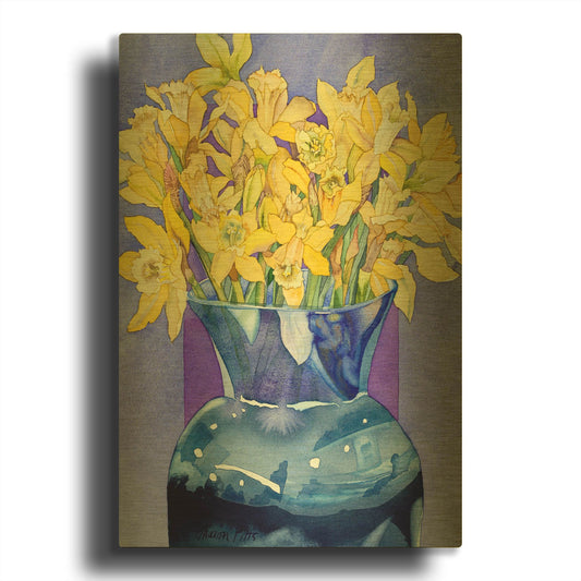 'Daffodils In Cobalt' By Sharon Pitts Gold Metal Wall Art