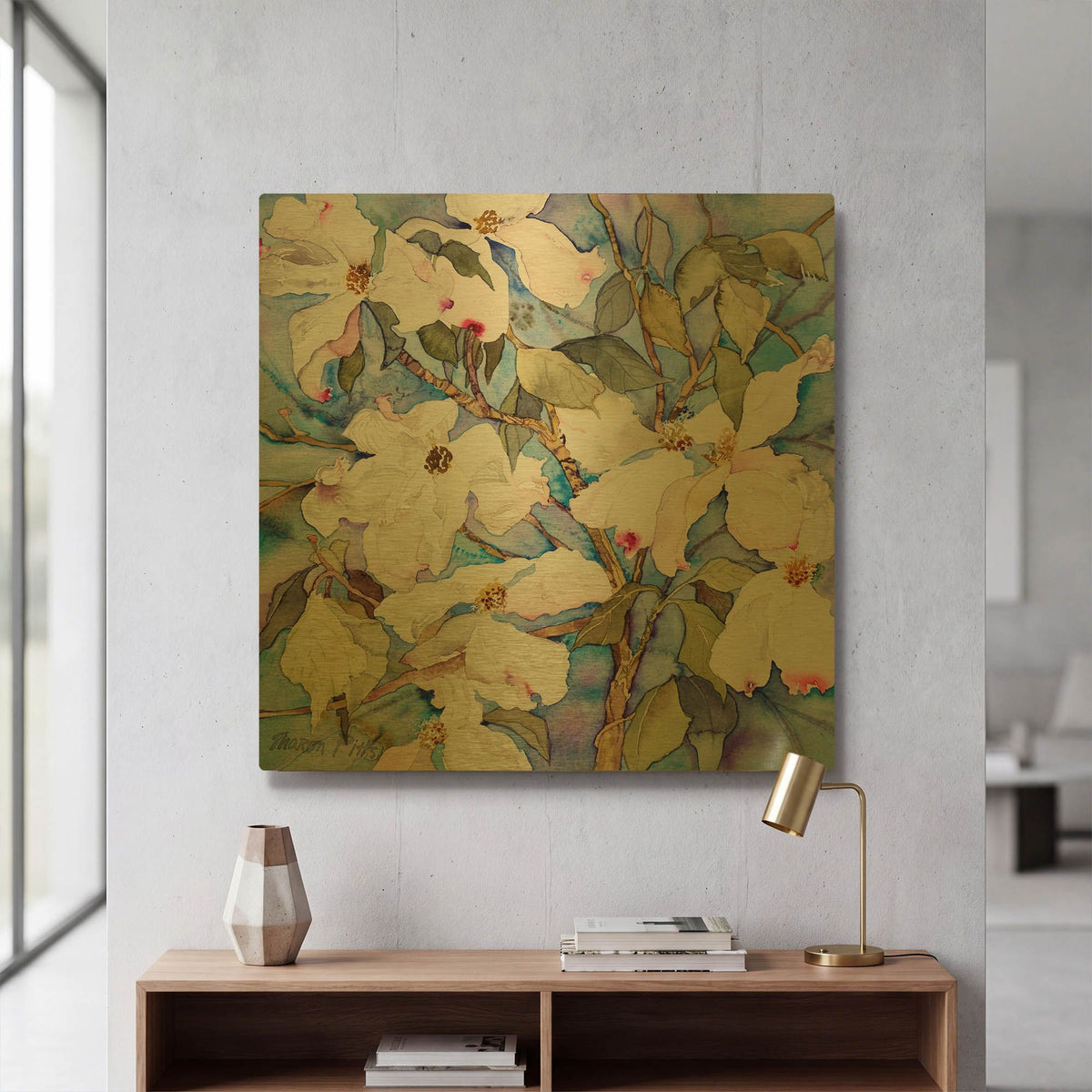 'Dogwoods, White' By Sharon Pitts Gold Metal Wall Art