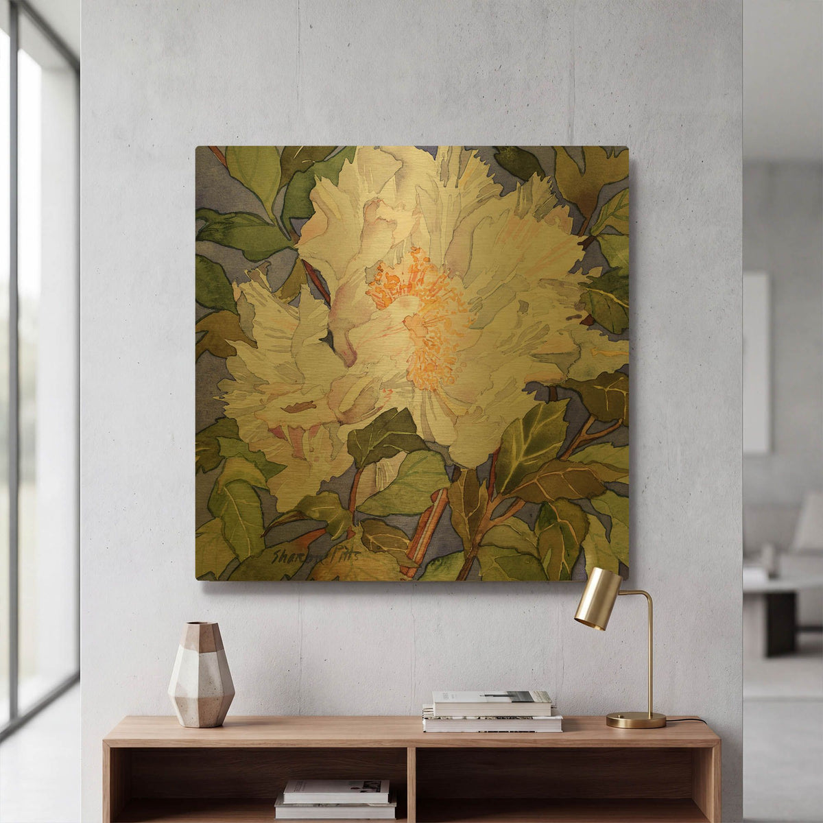 'White Peony' By Sharon Pitts Gold Metal Wall Art
