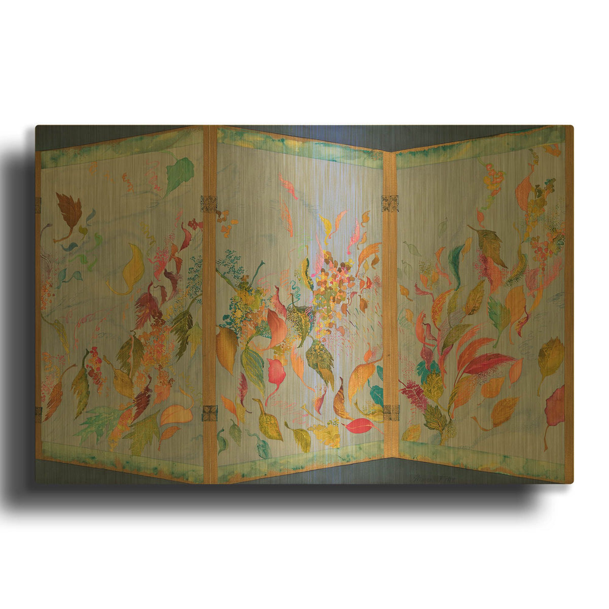 'Autumn Blows Away, Japanese Screen Right Panel' By Sharon Pitts Gold Metal Wall Art