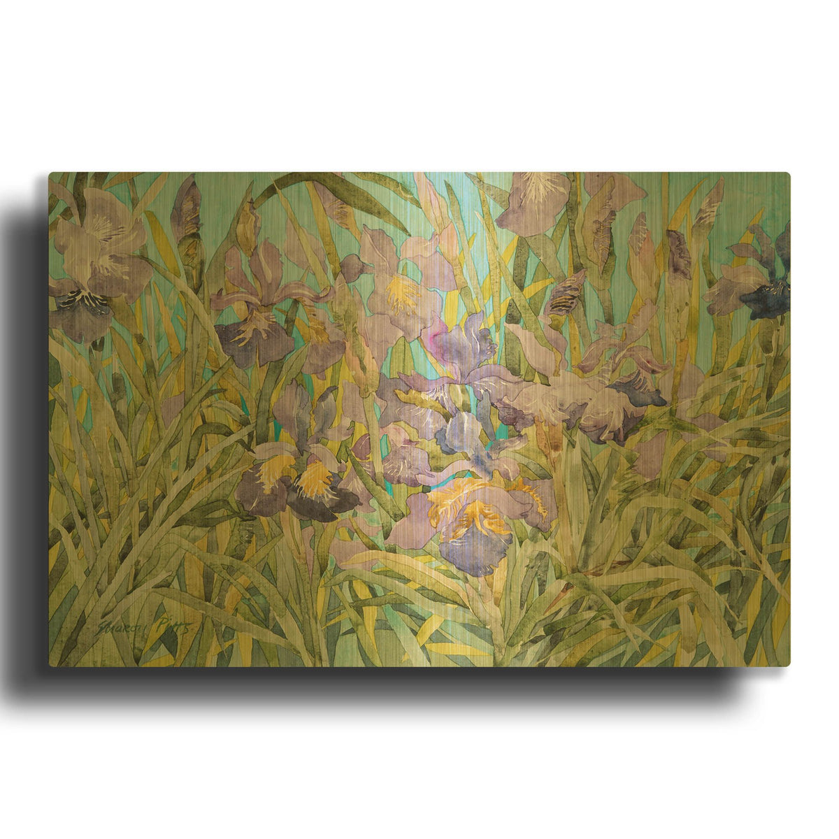 'Japanese Irises 3' By Sharon Pitts Gold Metal Wall Art