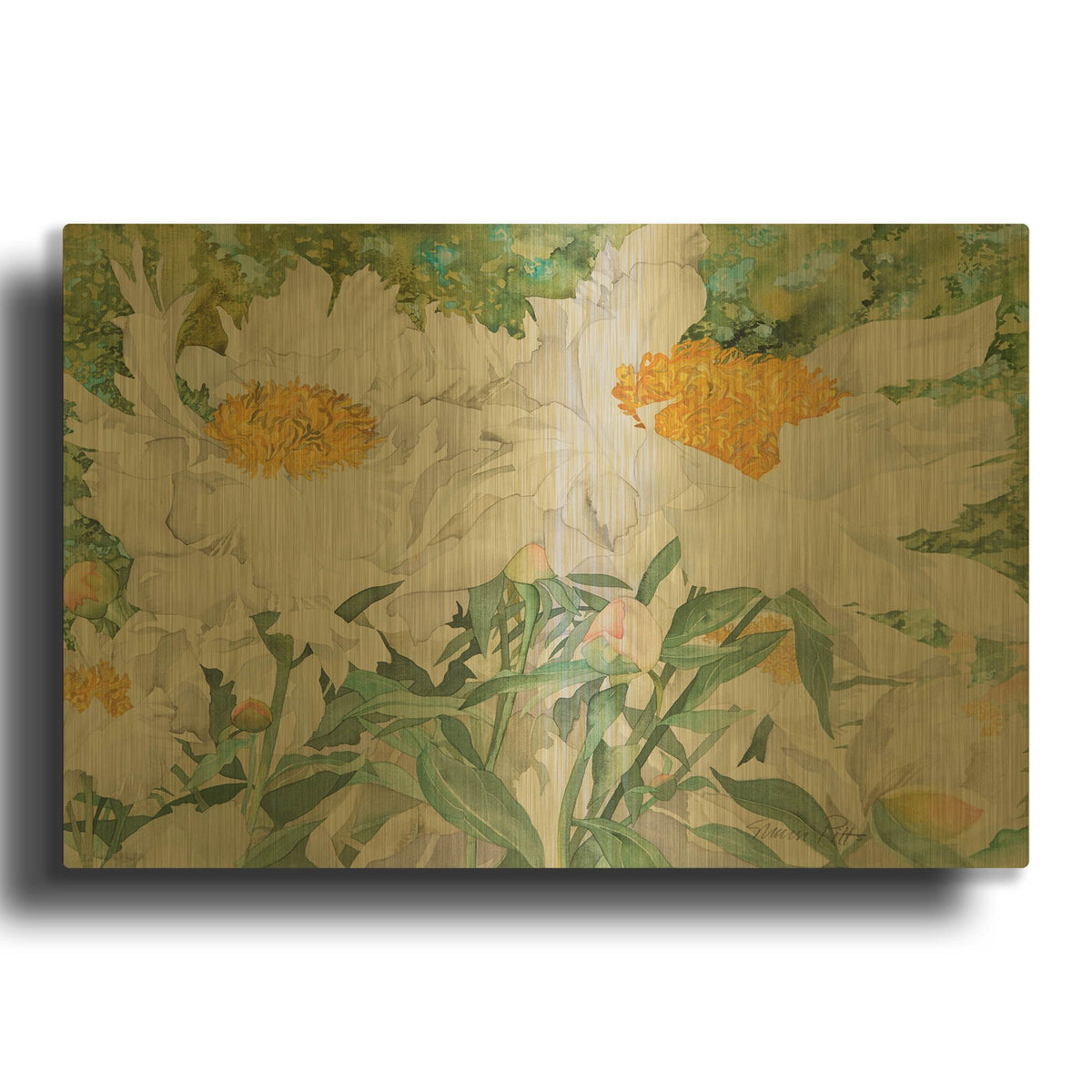 'White Peonies' By Sharon Pitts Gold Metal Wall Art