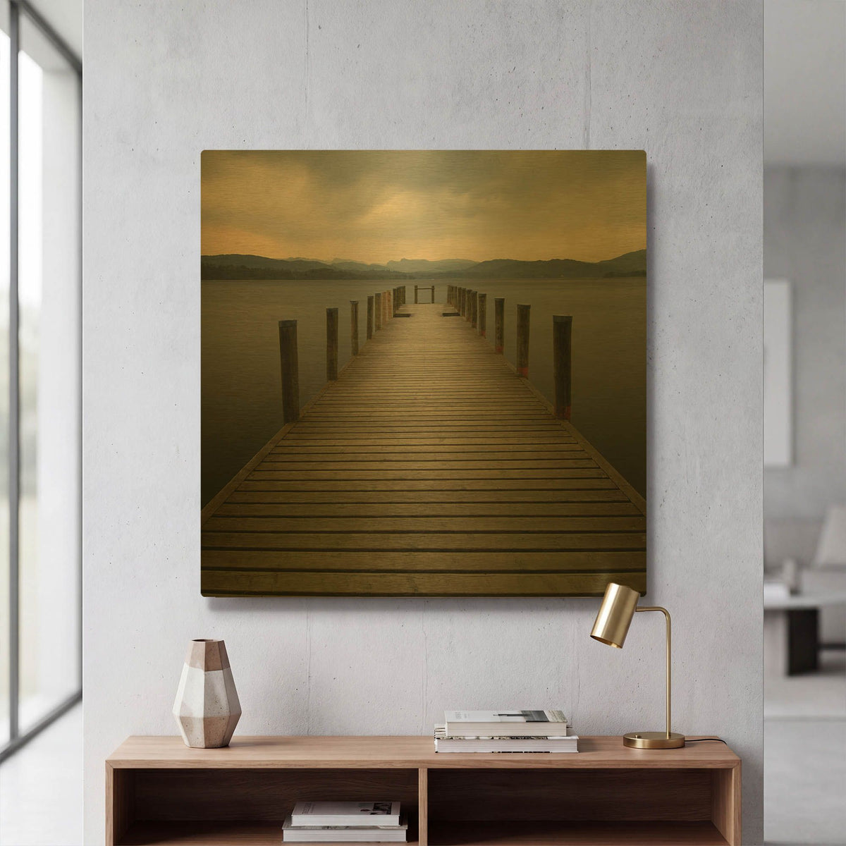 'Lakeside Pier' By Tom Quartermaine Gold Metal Wall Art