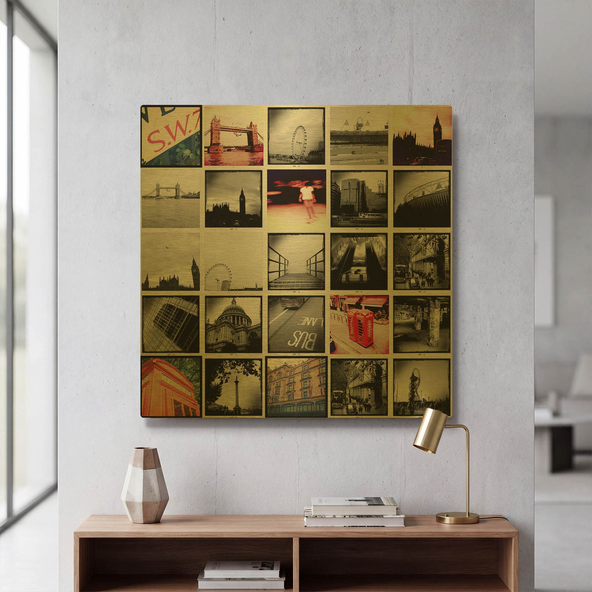 'Large Grid of London Scenes' By Tom Quartermaine Gold Metal Wall Art