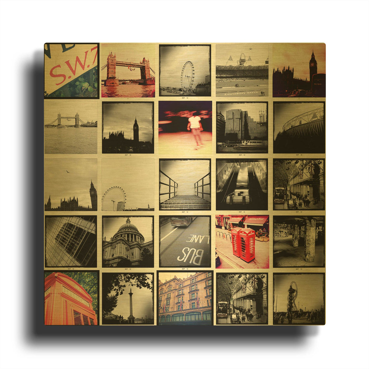 'Large Grid of London Scenes' By Tom Quartermaine Gold Metal Wall Art