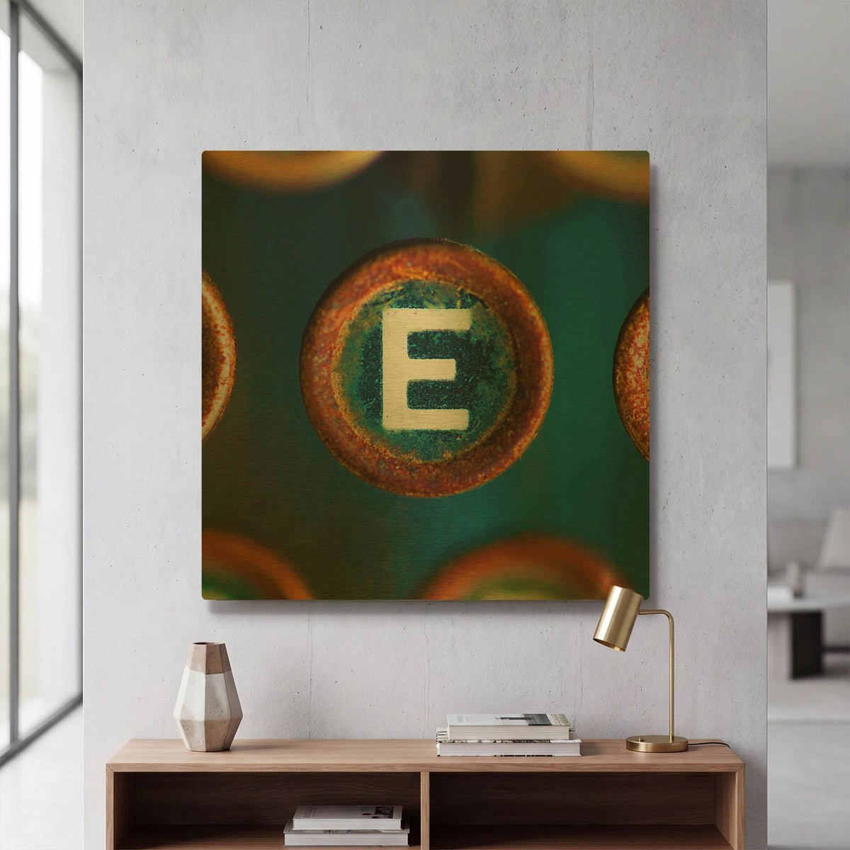'Letter E of Typewriter' By Tom Quartermaine Gold Metal Wall Art