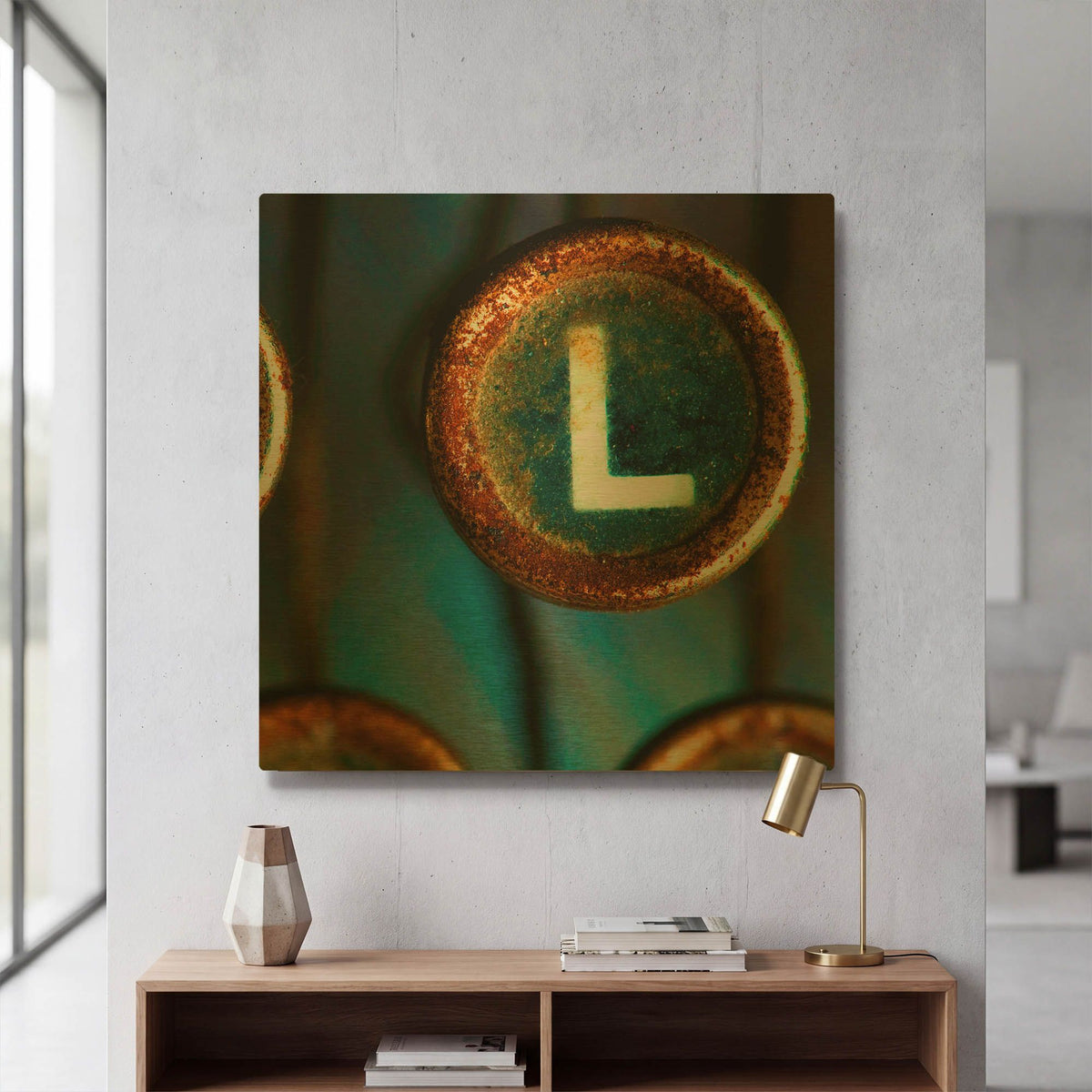 'Letter L of Typewriter' By Tom Quartermaine Gold Metal Wall Art
