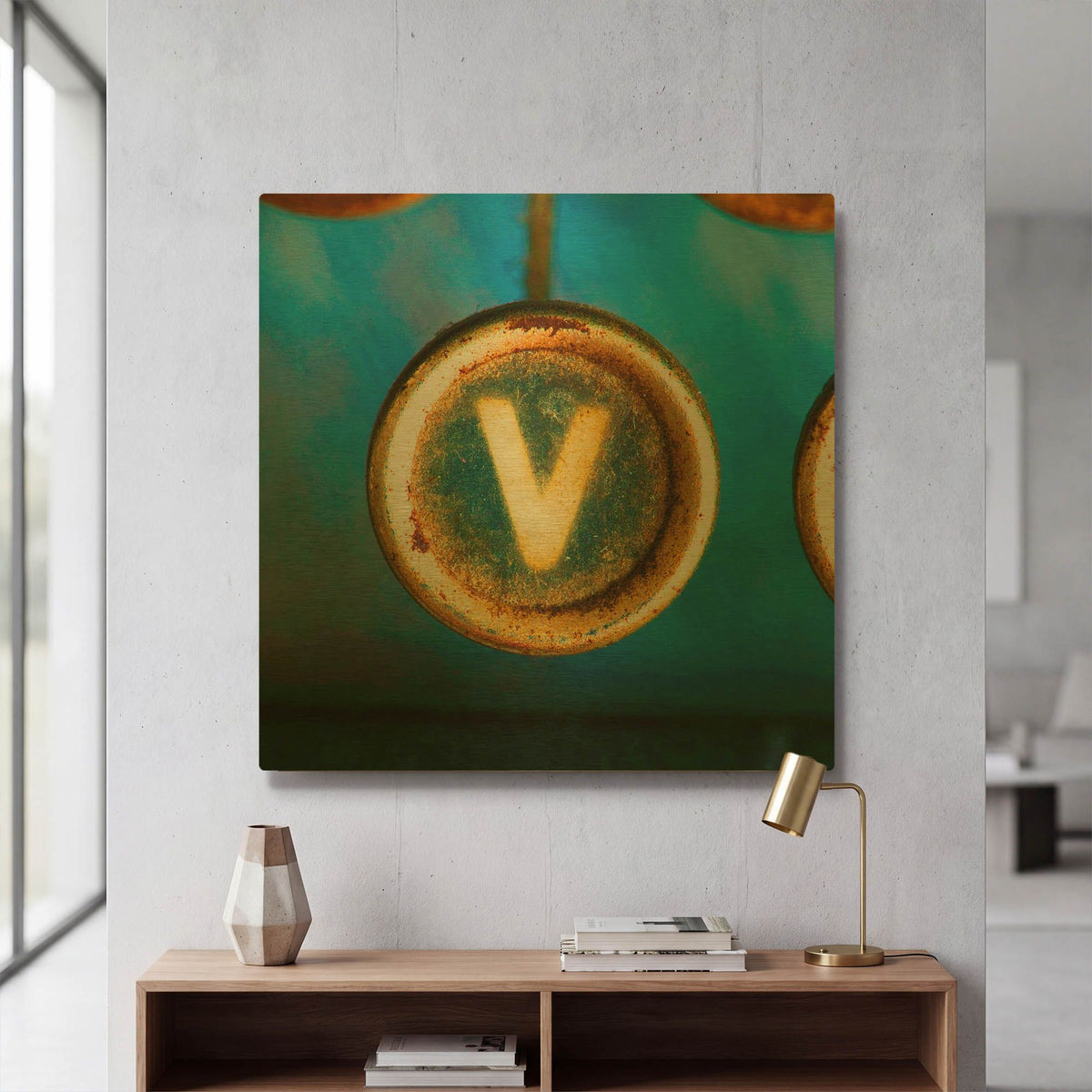'Letter V of Typewriter' By Tom Quartermaine Gold Metal Wall Art