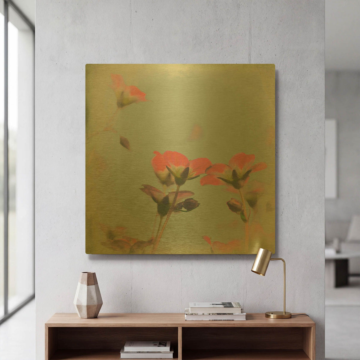 'Little Pink Flowers on Blue' By Tom Quartermaine Gold Metal Wall Art