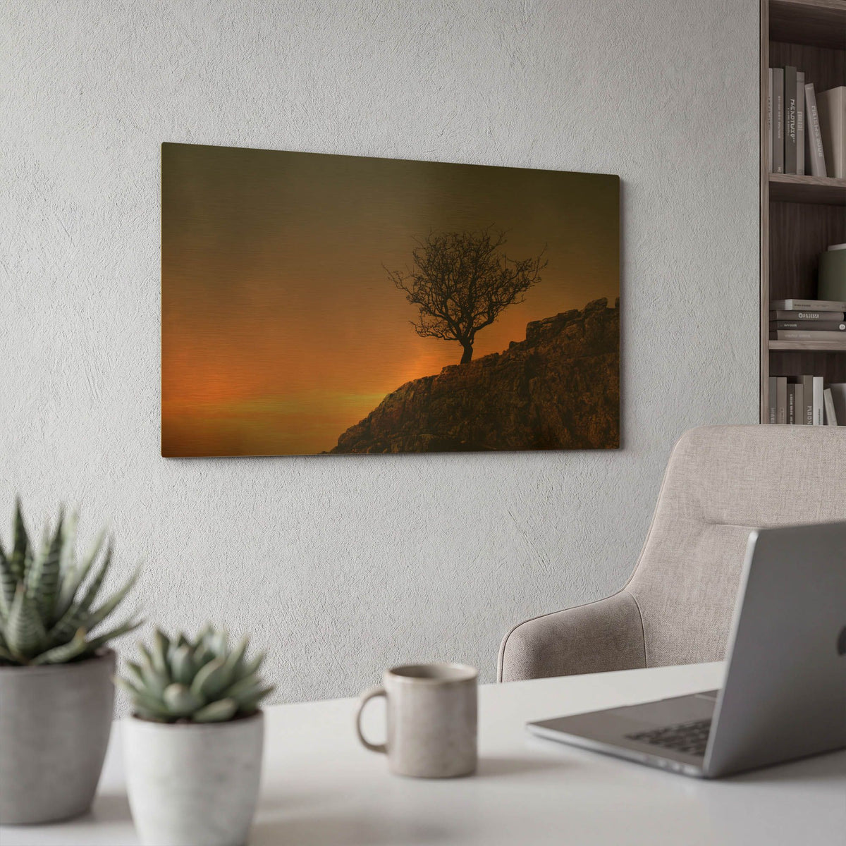 'Lone Tree in Sunset' By Tom Quartermaine Gold Metal Wall Art