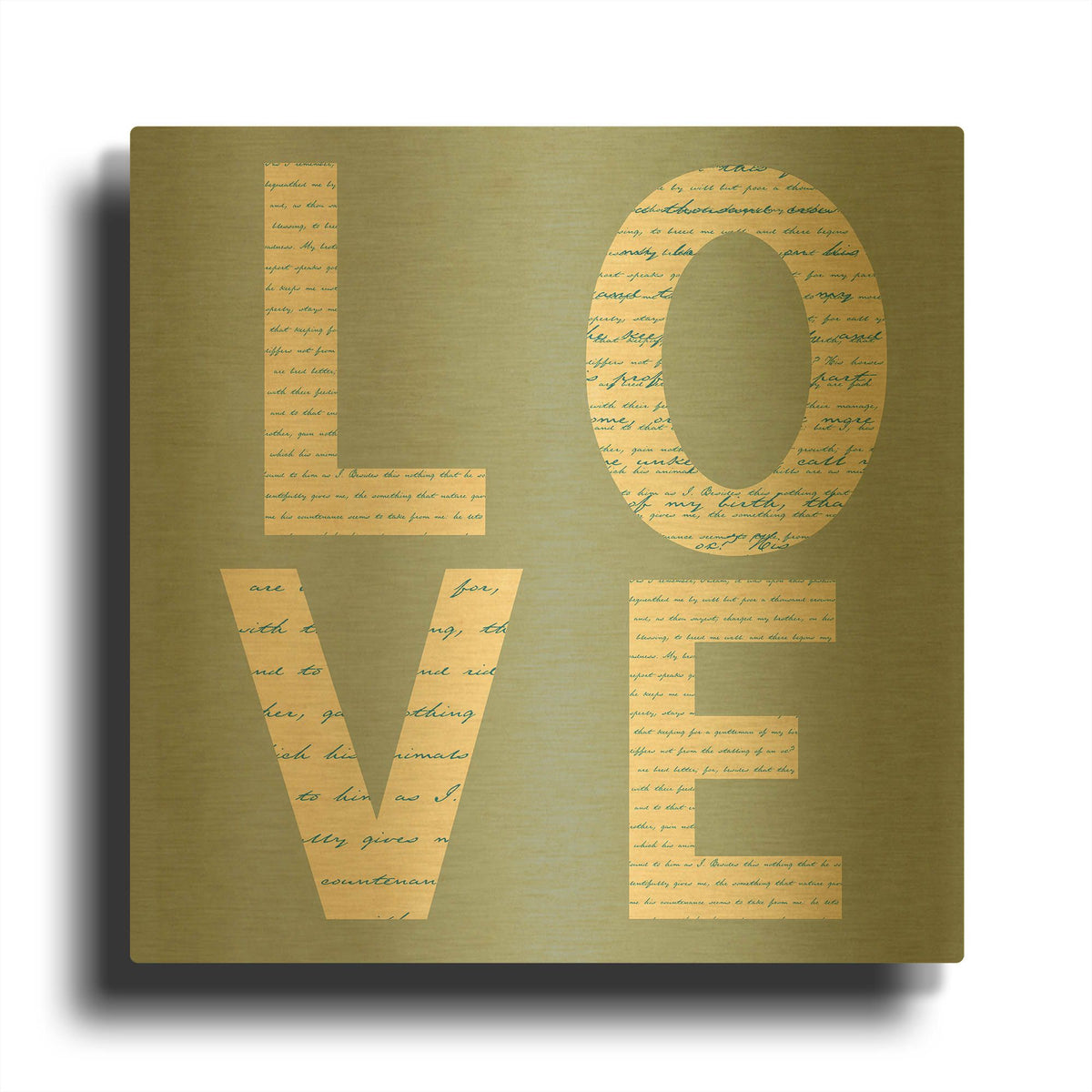 'Love Script on Blue' By Tom Quartermaine Gold Metal Wall Art