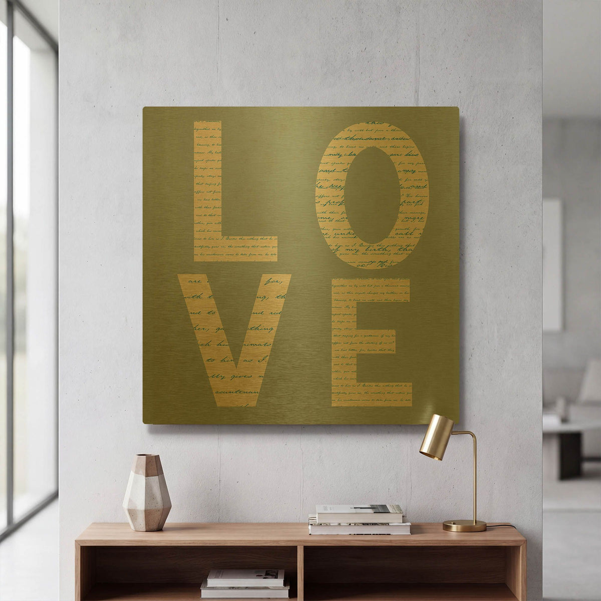 'Love Script on Blue' By Tom Quartermaine Gold Metal Wall Art