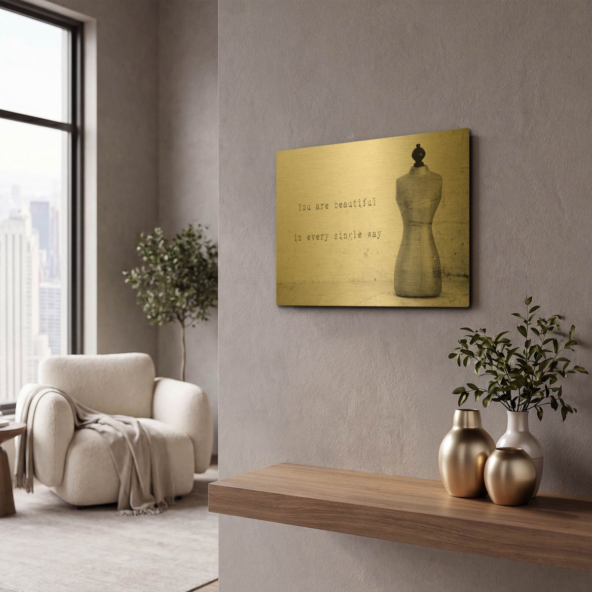 'Mannequin with Quote' By Tom Quartermaine Gold Metal Wall Art