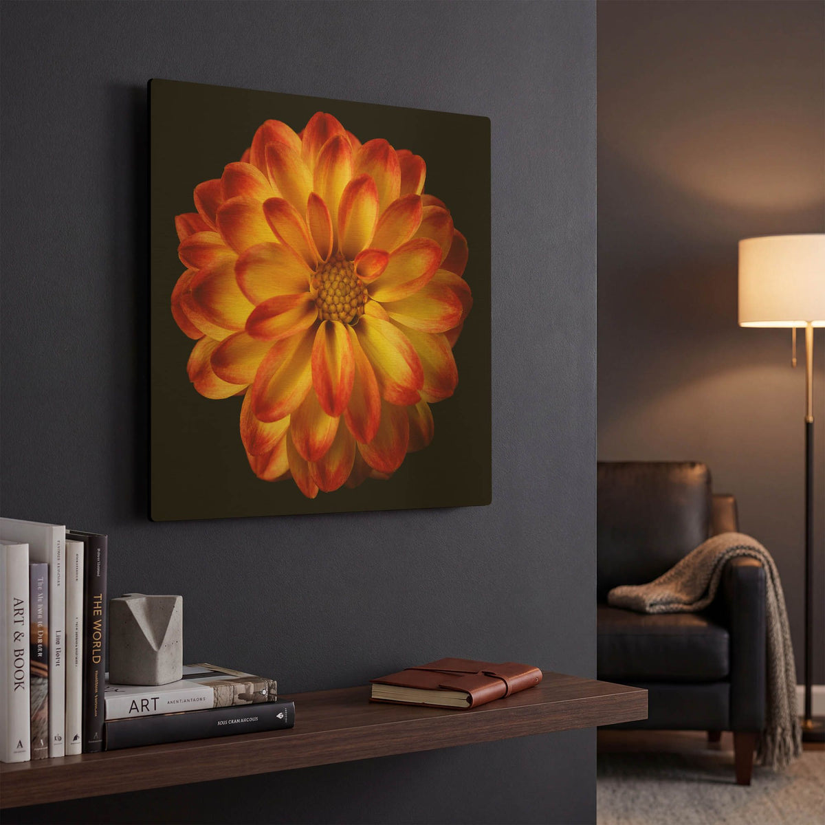 'Orange Dahlia on Black 01' By Tom Quartermaine Gold Metal Wall Art