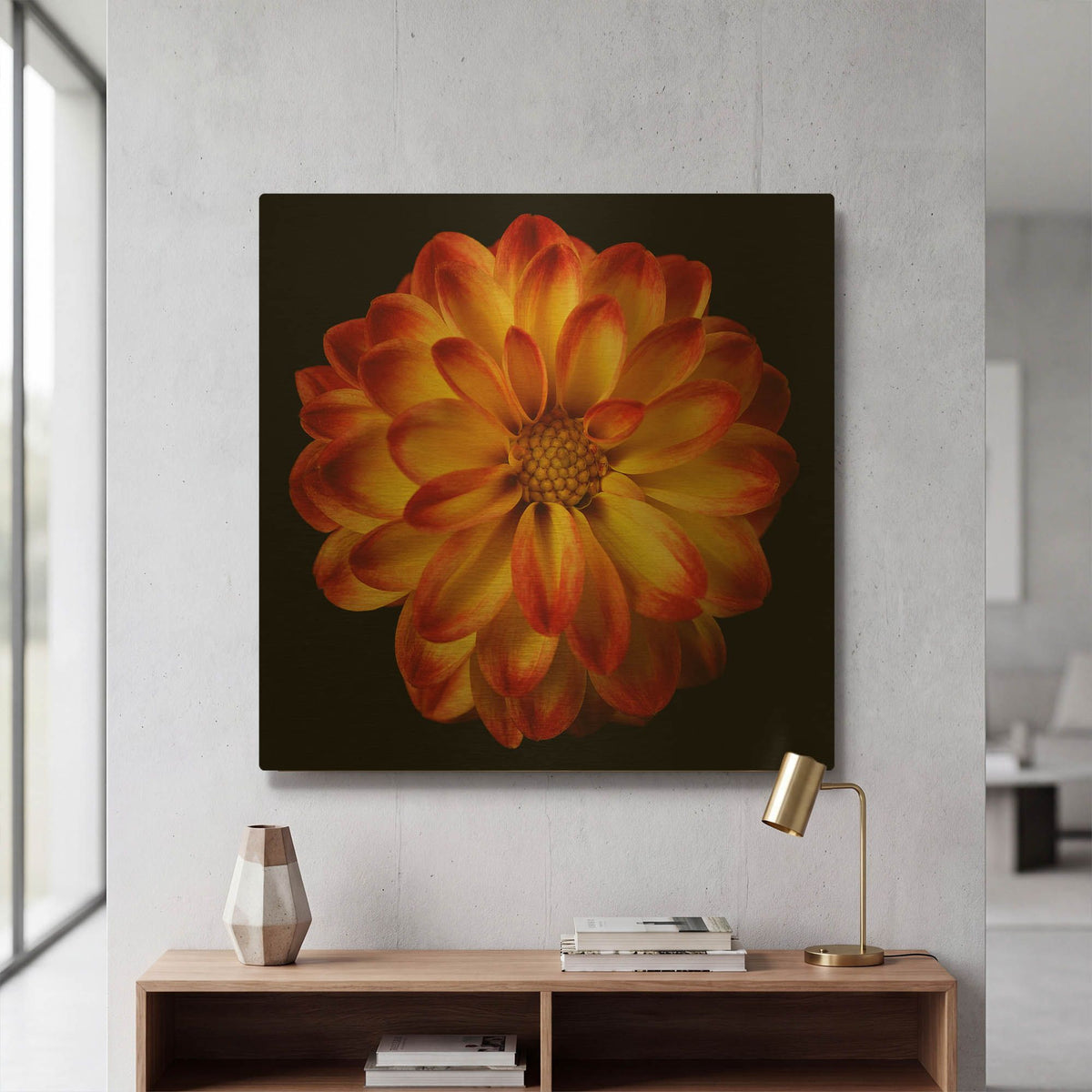 'Orange Dahlia on Black 01' By Tom Quartermaine Gold Metal Wall Art