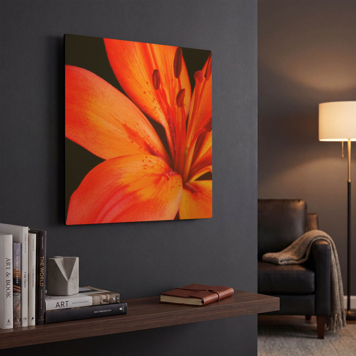 'Orange Flower on Black 02' By Tom Quartermaine Gold Metal Wall Art