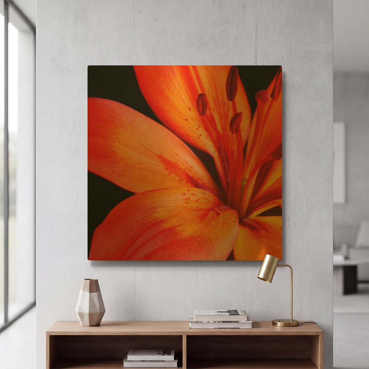 'Orange Flower on Black 02' By Tom Quartermaine Gold Metal Wall Art