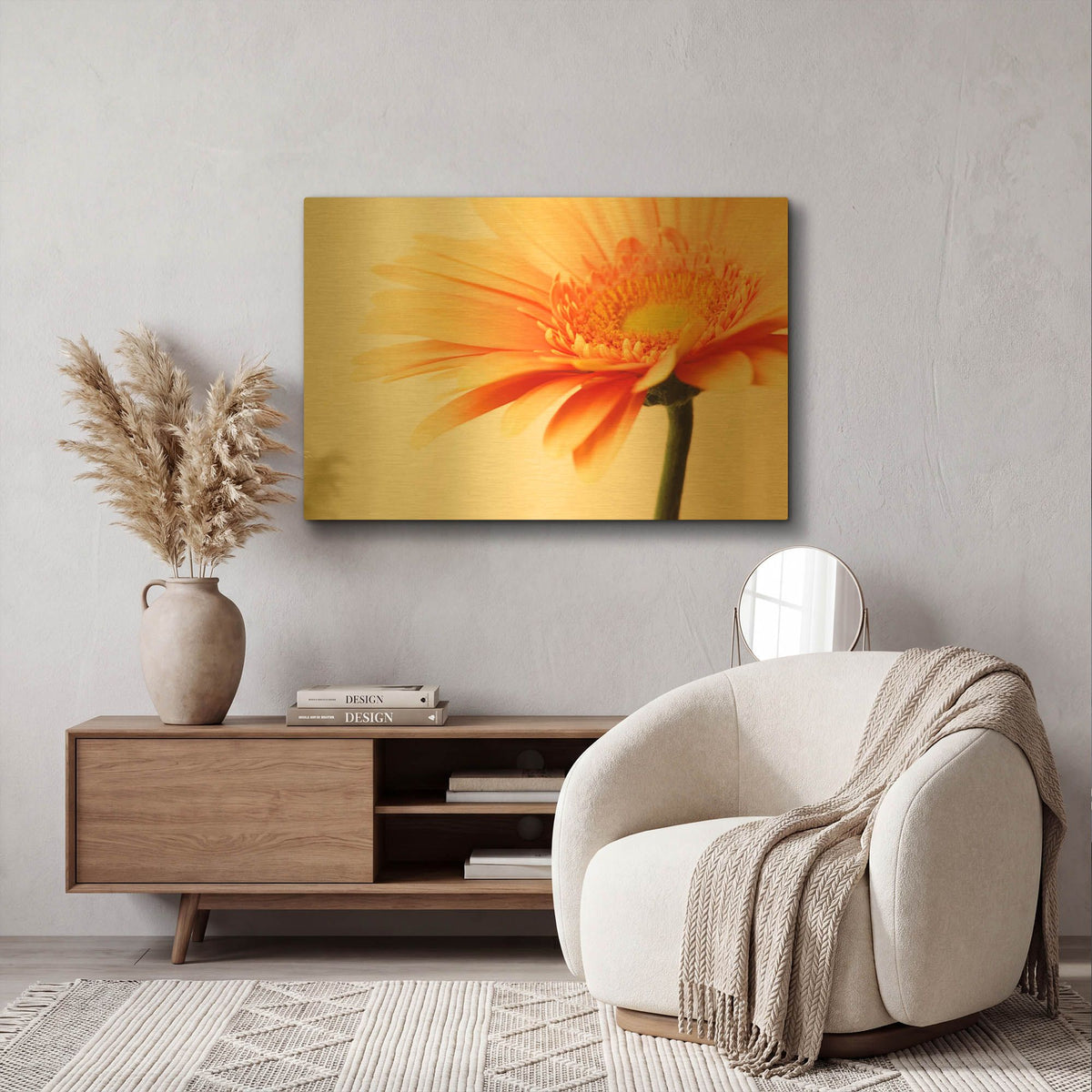 'Orange Flower on Orange' By Tom Quartermaine Gold Metal Wall Art