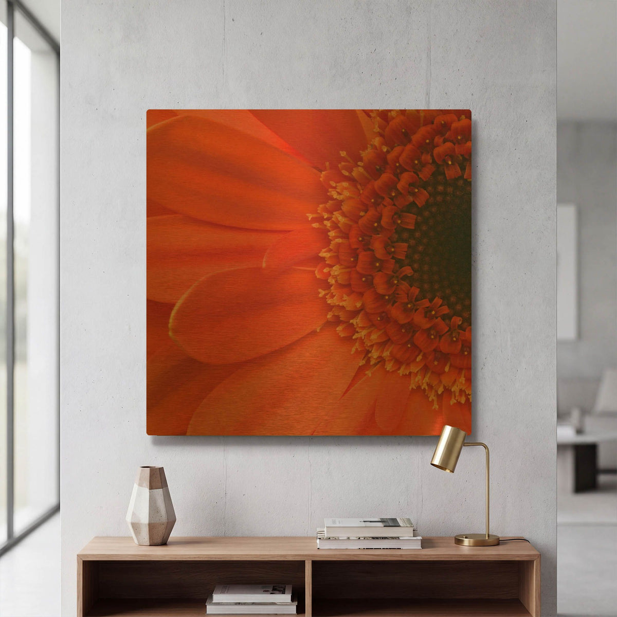 'Orange Gerbera Close up' By Tom Quartermaine Gold Metal Wall Art