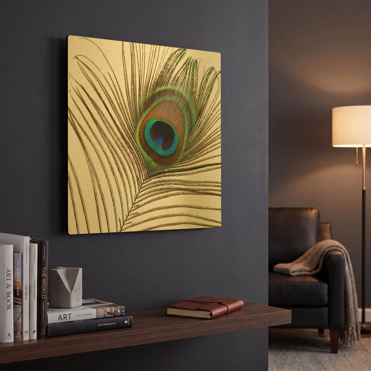 'Peacock Feather 01' By Tom Quartermaine Gold Metal Wall Art