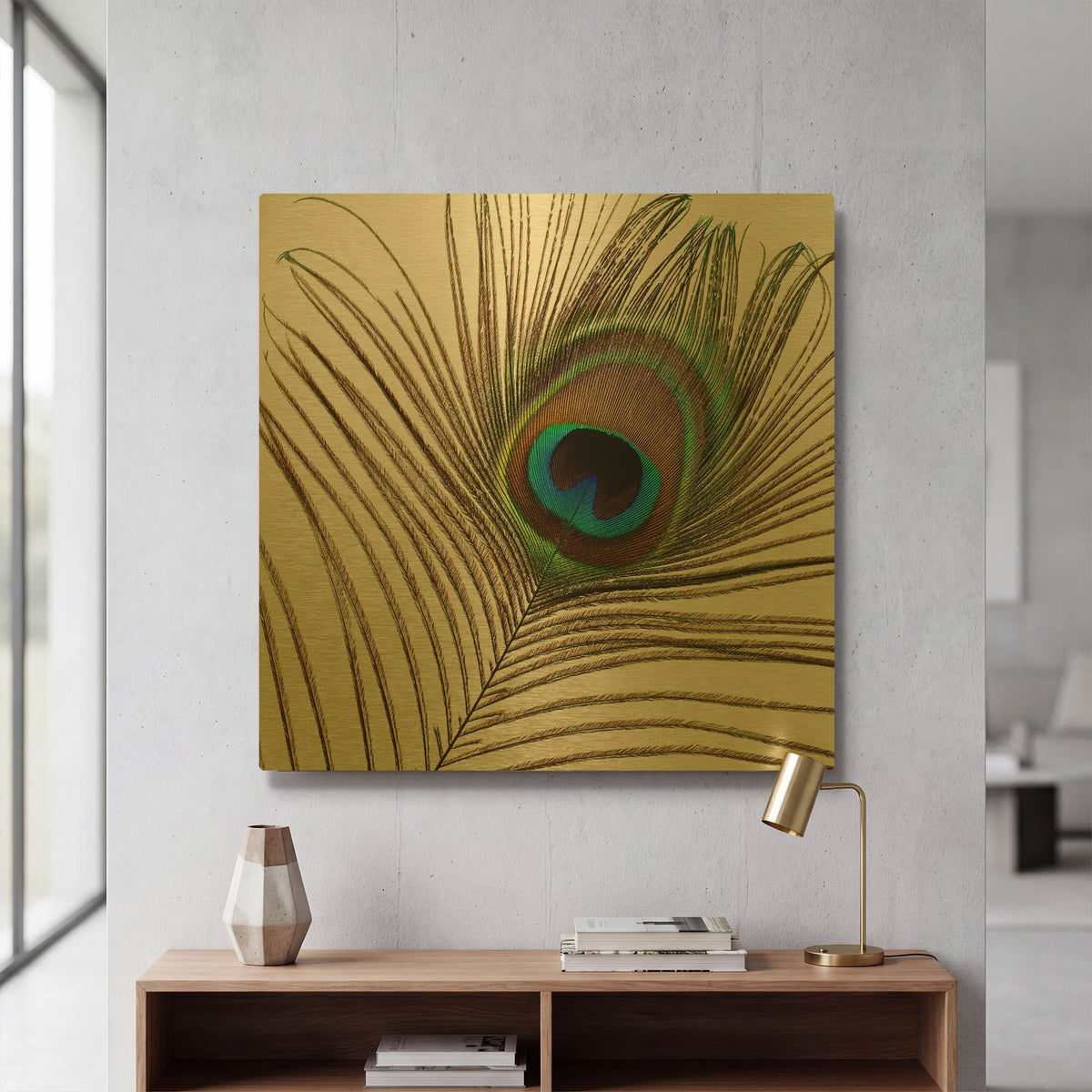 'Peacock Feather 01' By Tom Quartermaine Gold Metal Wall Art
