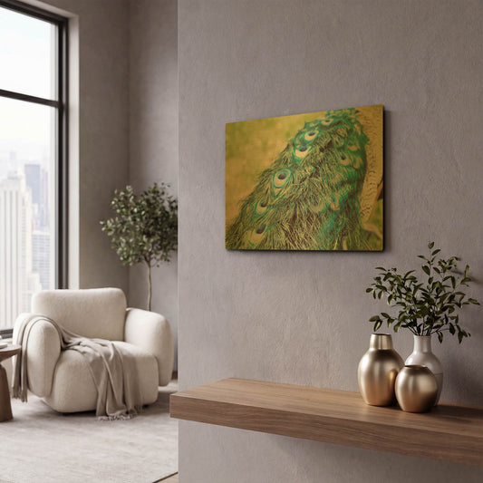 'Peacock Feather Tail 01' By Tom Quartermaine Gold Metal Wall Art