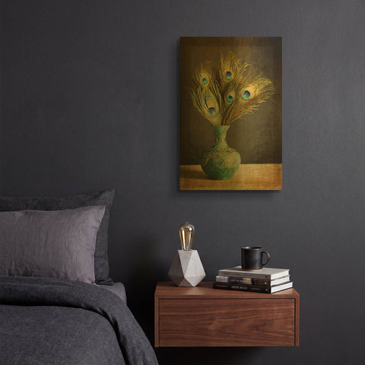 'Peacock Feathers in Blue Vase' By Tom Quartermaine Gold Metal Wall Art