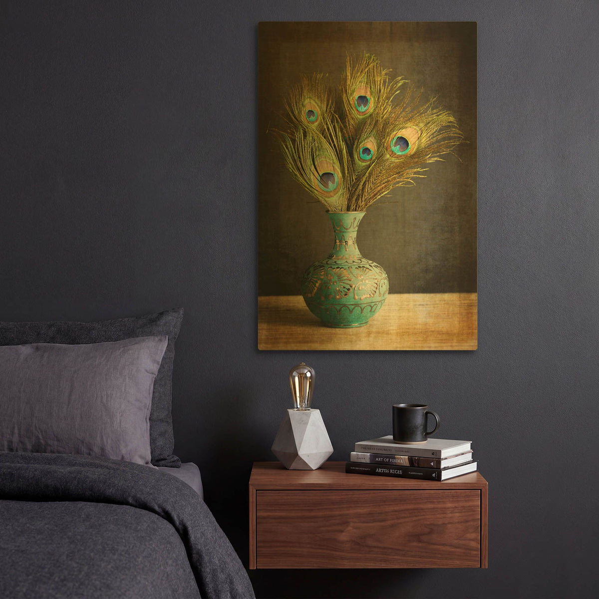 'Peacock Feathers in Blue Vase' By Tom Quartermaine Gold Metal Wall Art