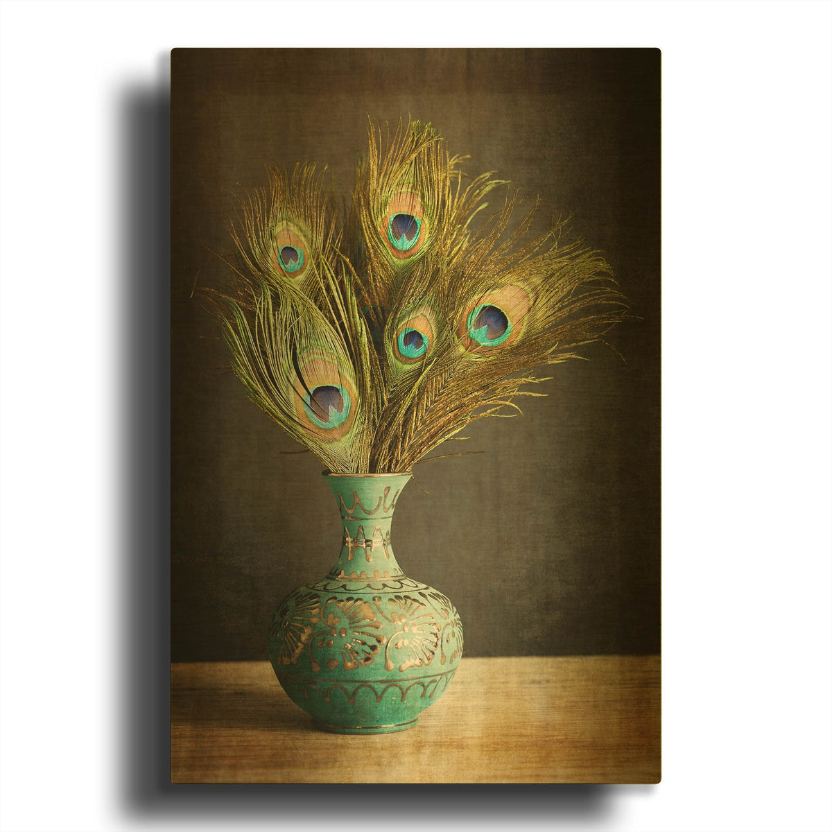 'Peacock Feathers in Blue Vase' By Tom Quartermaine Gold Metal Wall Art