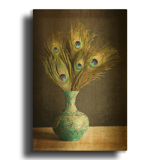 'Peacock Feathers in Blue Vase' By Tom Quartermaine Gold Metal Wall Art