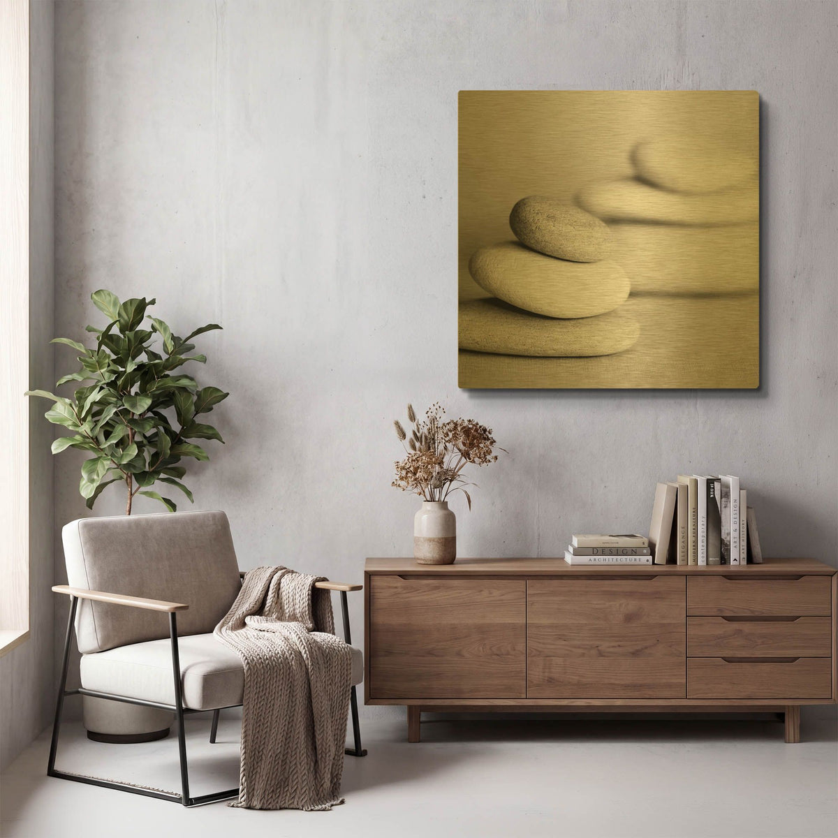 'Piles of Stones BW 01' By Tom Quartermaine Gold Metal Wall Art