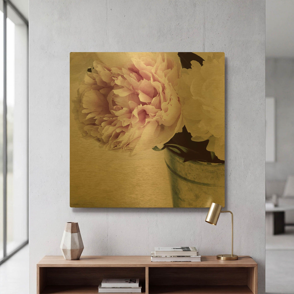 'Pink and White Peonies in a Vase' By Tom Quartermaine Gold Metal Wall Art