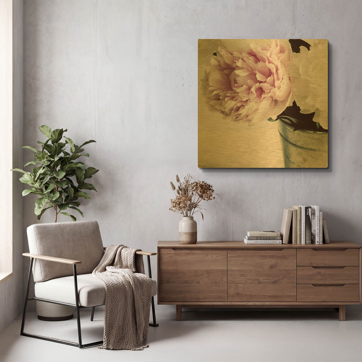 'Pink and White Peonies in a Vase' By Tom Quartermaine Gold Metal Wall Art
