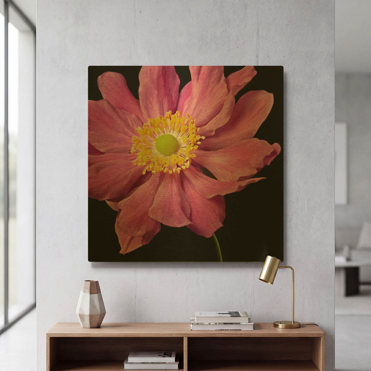 'Pink Flower on Black 01' By Tom Quartermaine Gold Metal Wall Art
