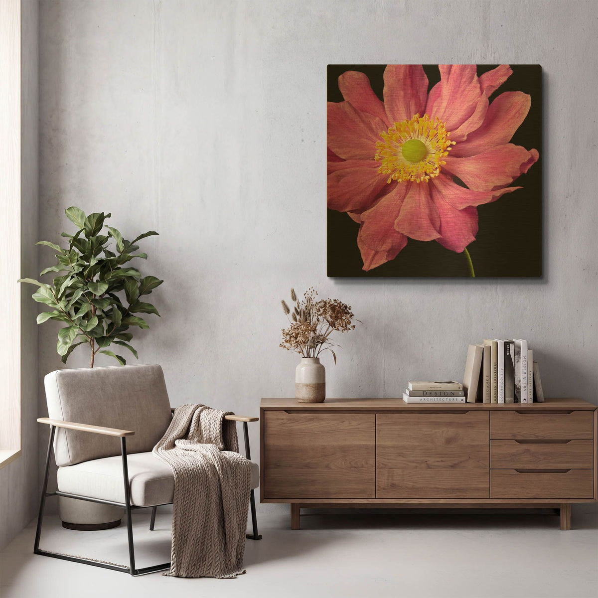 'Pink Flower on Black 01' By Tom Quartermaine Gold Metal Wall Art