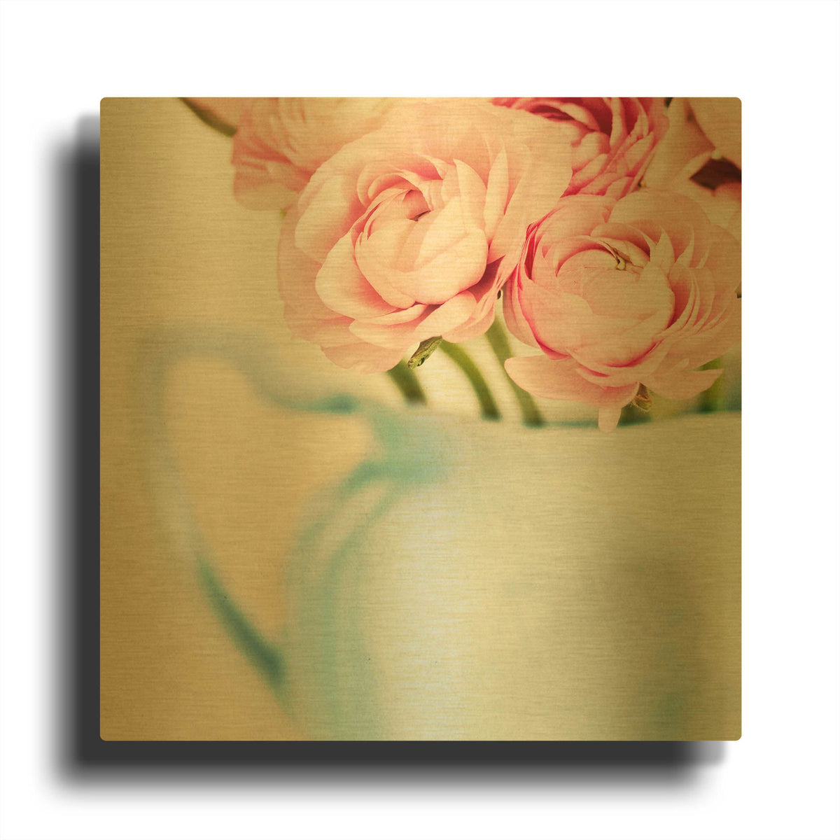 'Pink Flowers in Blue Jug' By Tom Quartermaine Gold Metal Wall Art