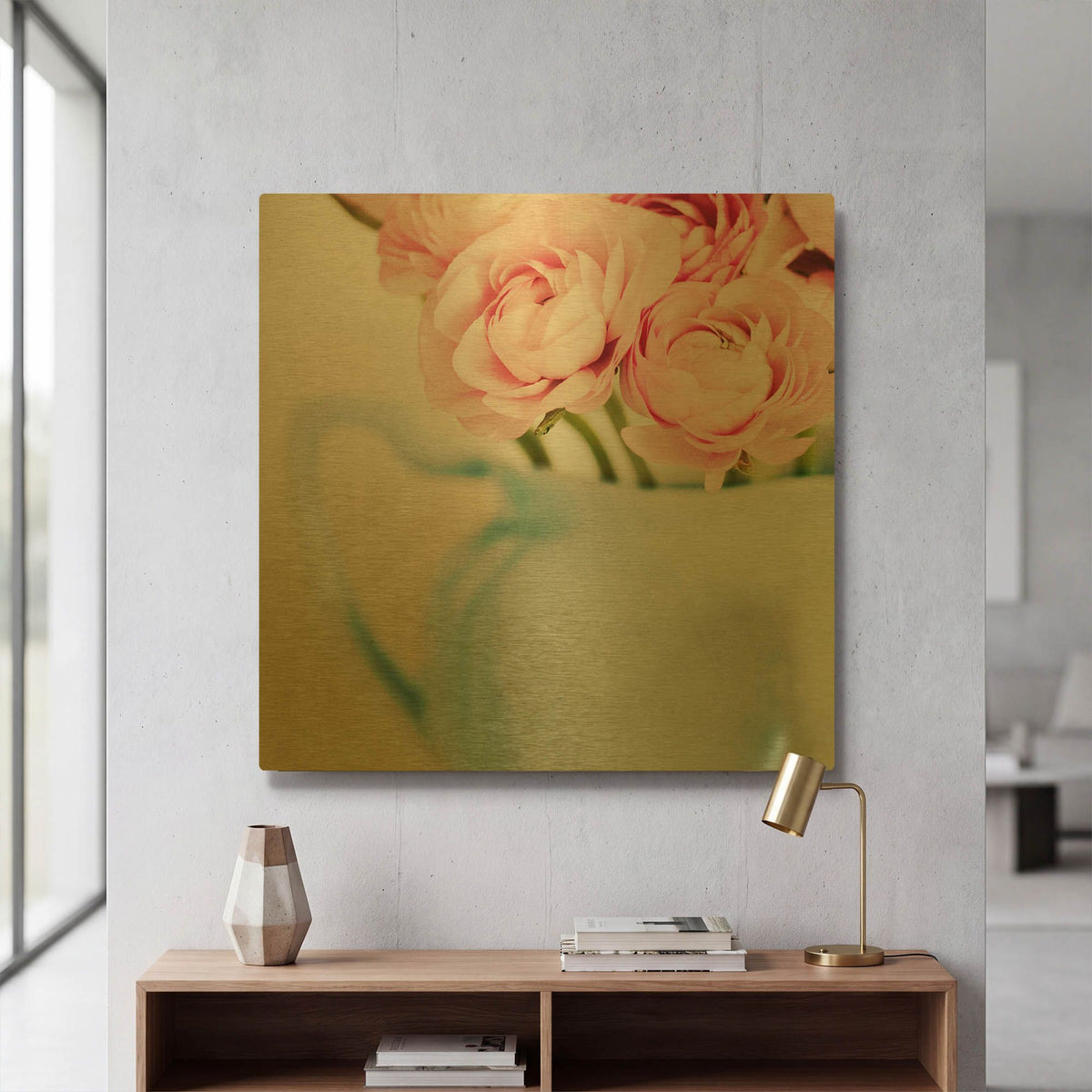 'Pink Flowers in Blue Jug' By Tom Quartermaine Gold Metal Wall Art