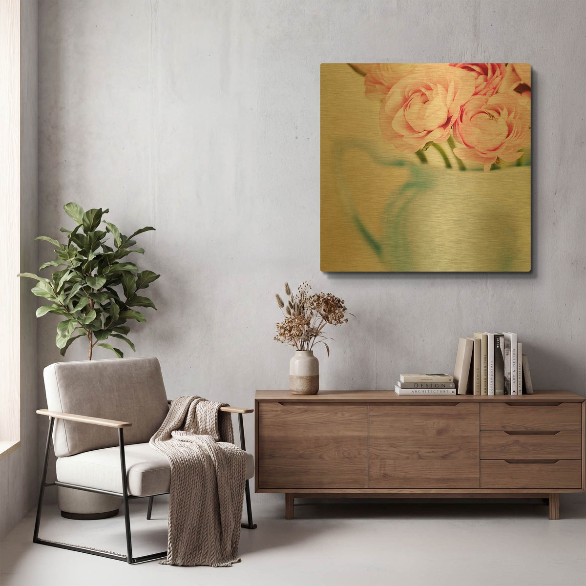 'Pink Flowers in Blue Jug' By Tom Quartermaine Gold Metal Wall Art