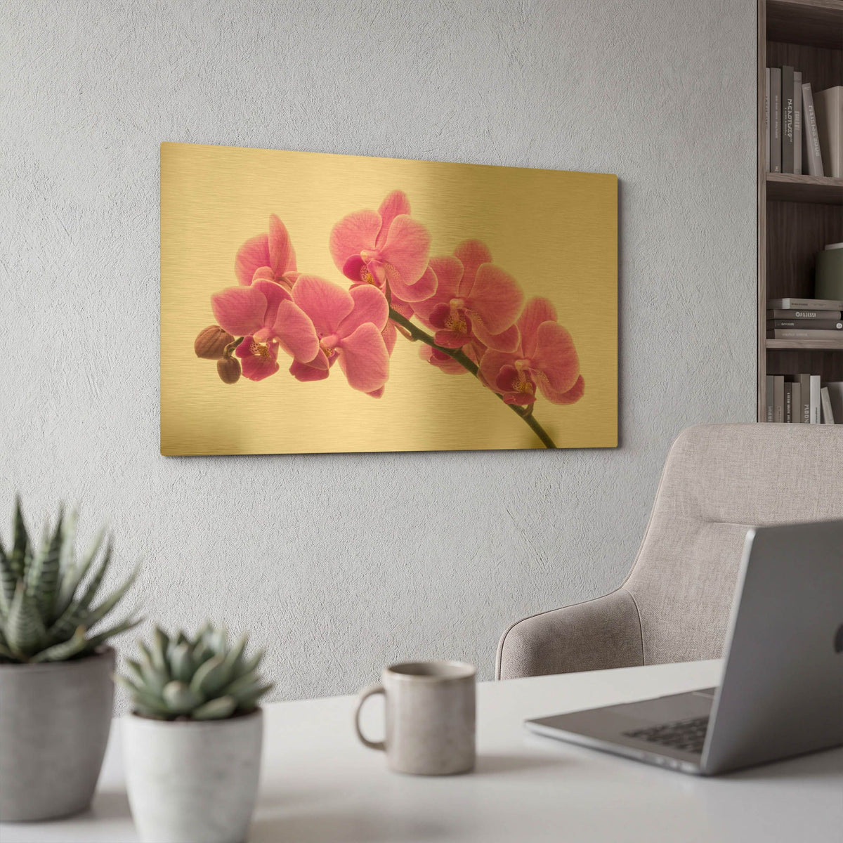 'Pink Orchid on White 01' By Tom Quartermaine Gold Metal Wall Art